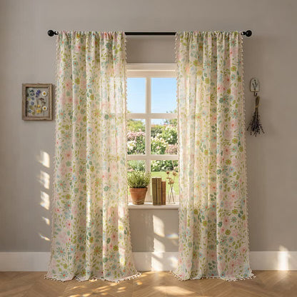 Daisy & Leaf Print Curtain With Tassel
