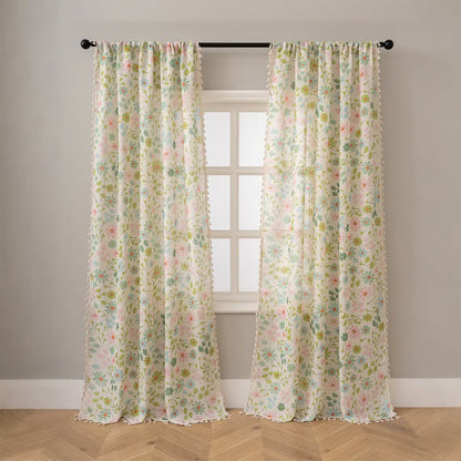 Daisy & Leaf Print Curtain With Tassel
