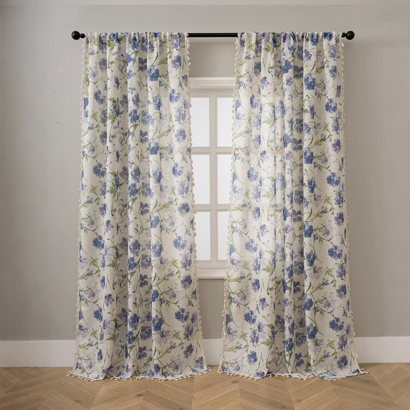 Blue Floral Print Curtain With Tassel