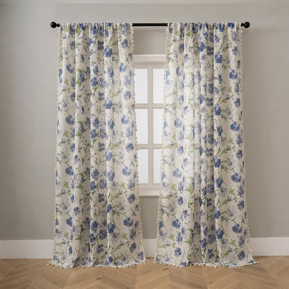 Blue Floral Print Curtain With Tassel