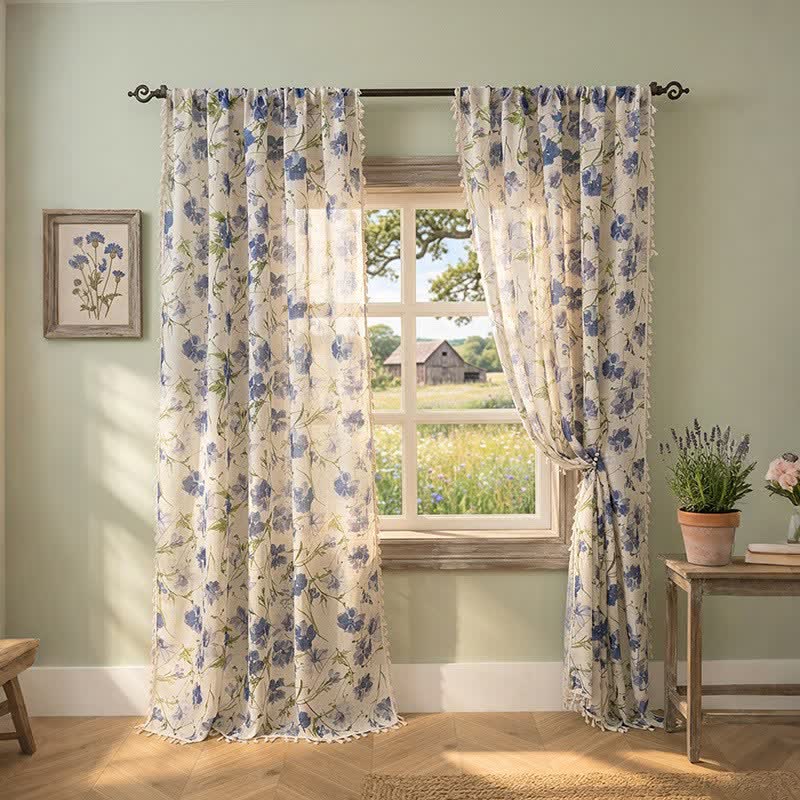 Blue Floral Print Curtain With Tassel
