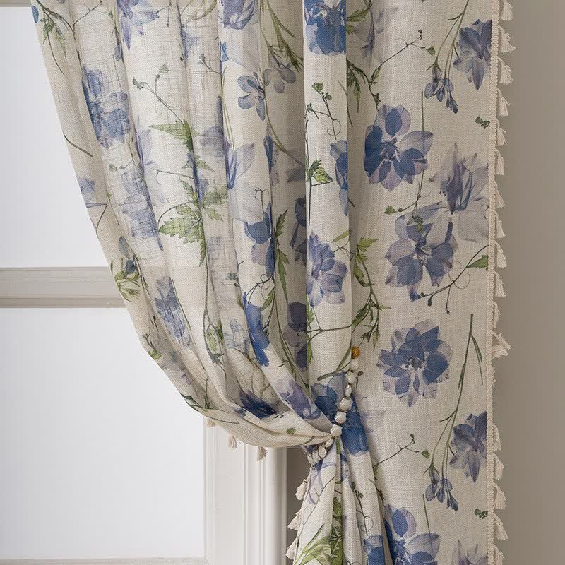Blue Floral Print Curtain With Tassel