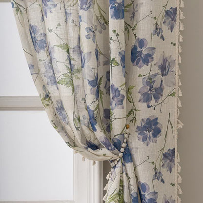 Blue Floral Print Curtain With Tassel