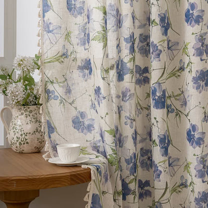 Blue Floral Print Curtain With Tassel