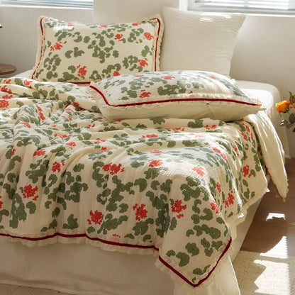 Floral & Leaf Ruffled Cotton Gauze Quilt