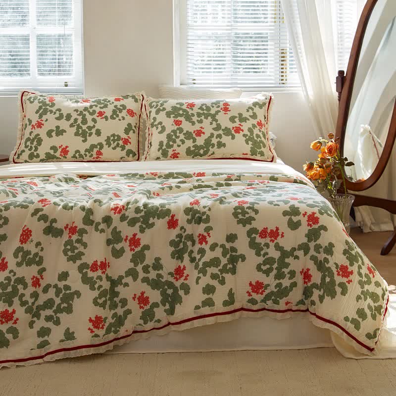 Floral & Leaf Ruffled Cotton Gauze Quilt