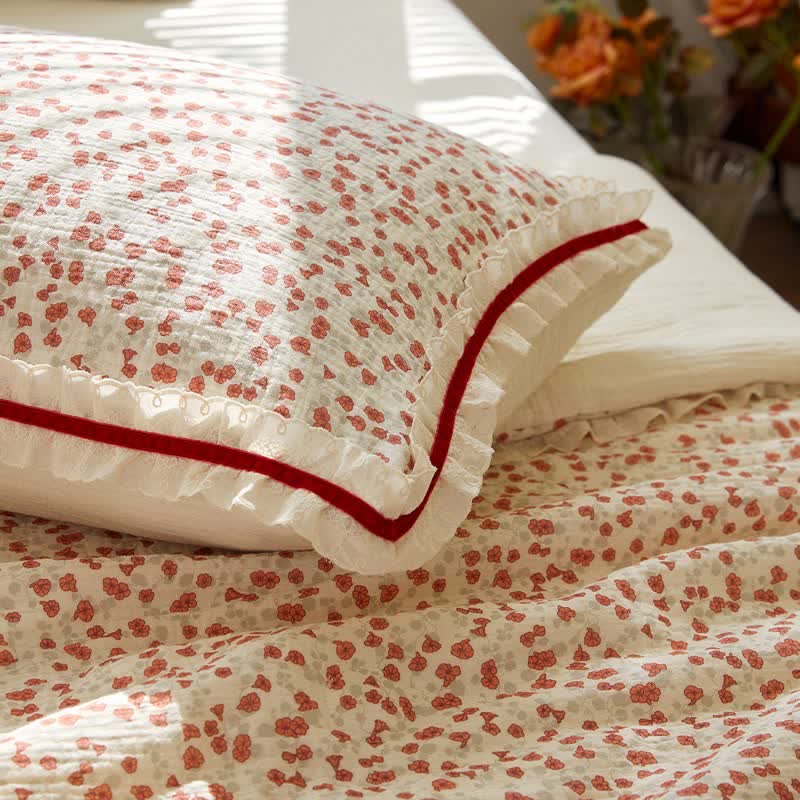 Red Floral Ruffled Cotton Gauze Quilt