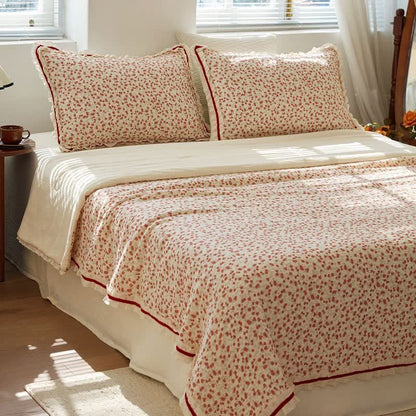 Red Floral Ruffled Cotton Gauze Quilt