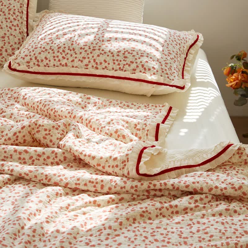 Red Floral Ruffled Cotton Gauze Quilt