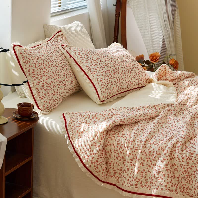 Red Floral Ruffled Cotton Gauze Quilt