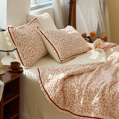 Red Floral Ruffled Cotton Gauze Quilt
