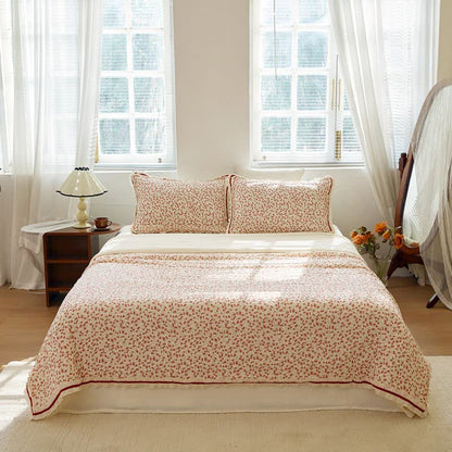 Red Floral Ruffled Cotton Gauze Quilt