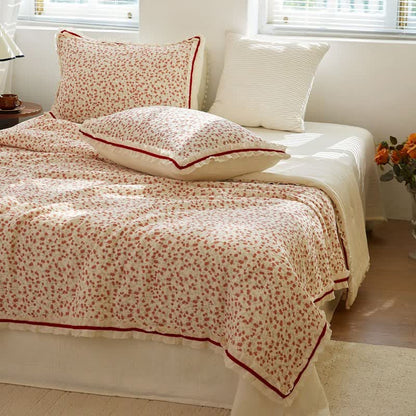 Red Floral Ruffled Cotton Gauze Quilt