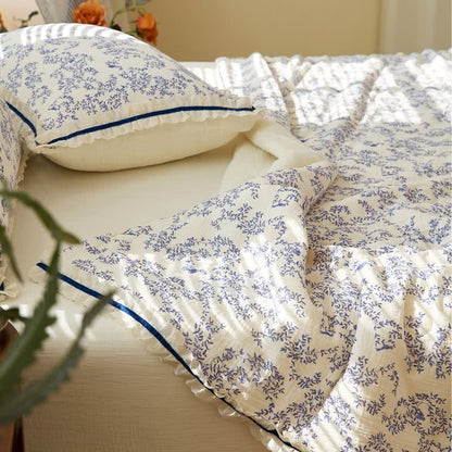 Blue Leaf Ruffled Cotton Gauze Quilt