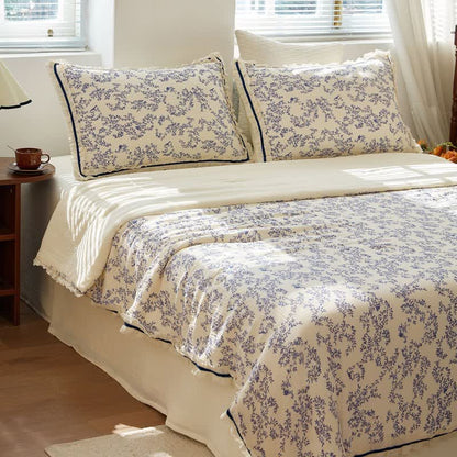 Blue Leaf Ruffled Cotton Gauze Quilt