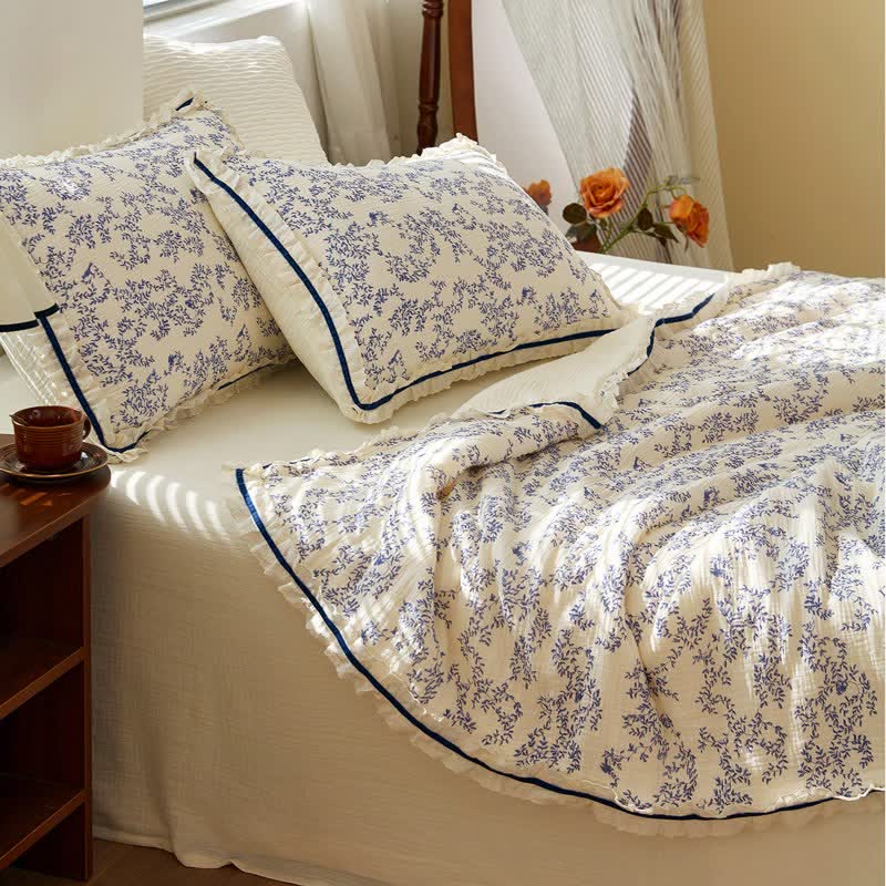 Blue Leaf Ruffled Cotton Gauze Quilt