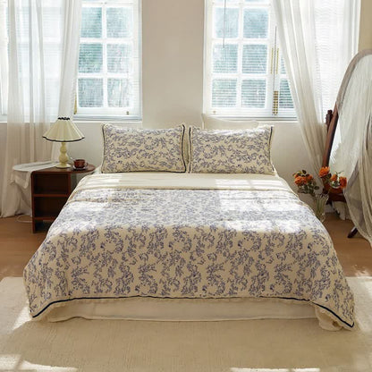 Blue Leaf Ruffled Cotton Gauze Quilt