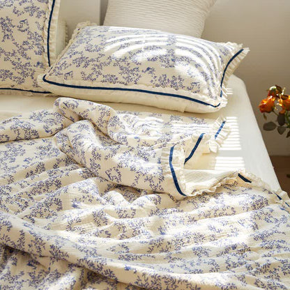 Blue Leaf Ruffled Cotton Gauze Quilt