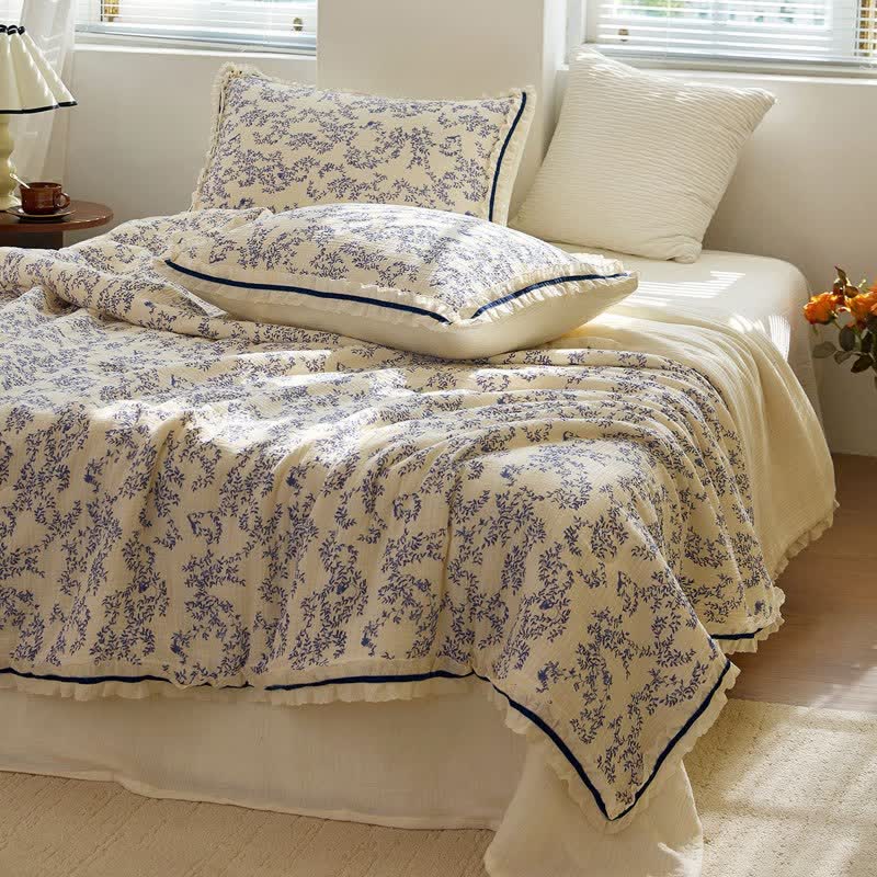 Blue Leaf Ruffled Cotton Gauze Quilt