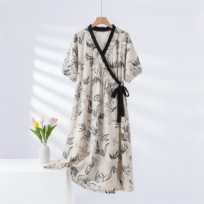 Artistic Pattern Ruffled Side-tie Nightgown