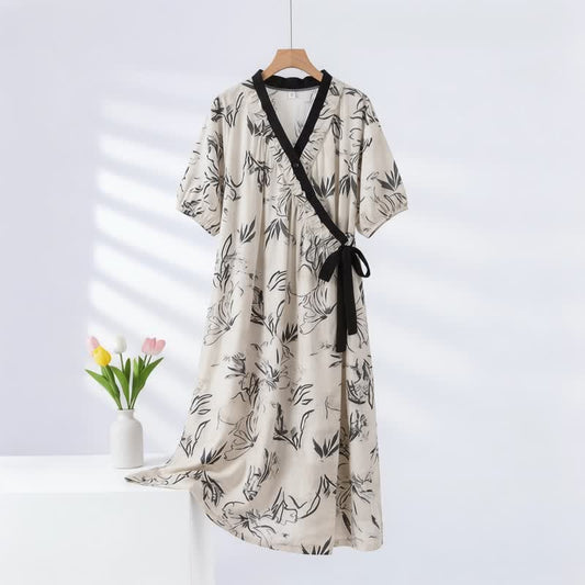 Artistic Pattern Ruffled Side-tie Nightgown 2XL Autumn Kimono L Leaf Loungewear M newin260427 Nightdress Nightgown Nightie Pajama Ruffle Short Sleeve Sleepwear Spring Summer Vintage Women XL