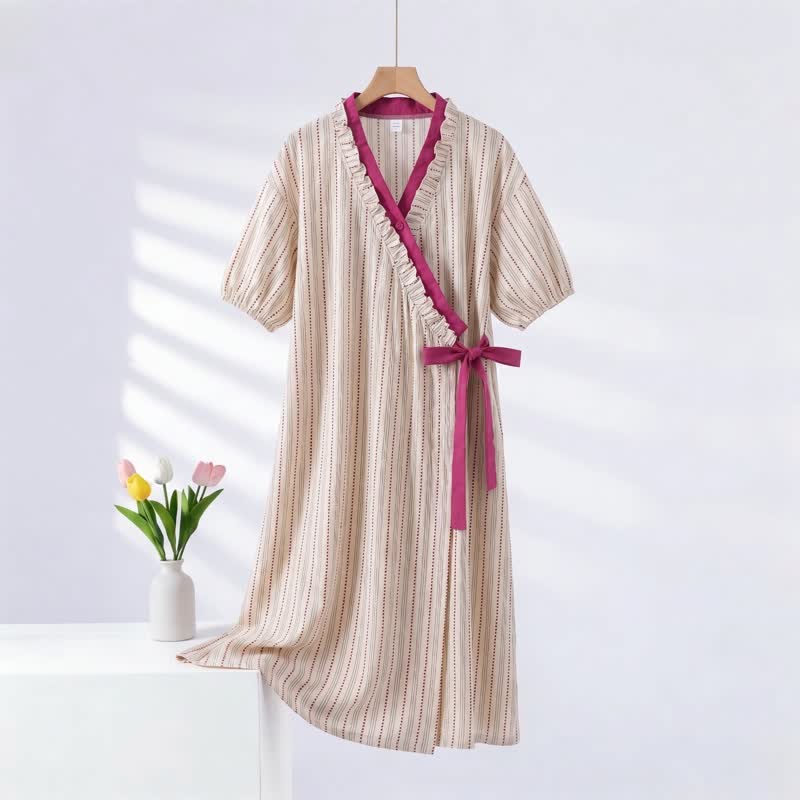Polka Dot Striped Ruffled Side-tie Nightgown
