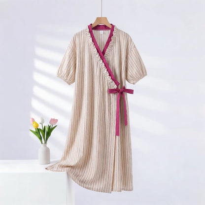 Polka Dot Striped Ruffled Side-tie Nightgown