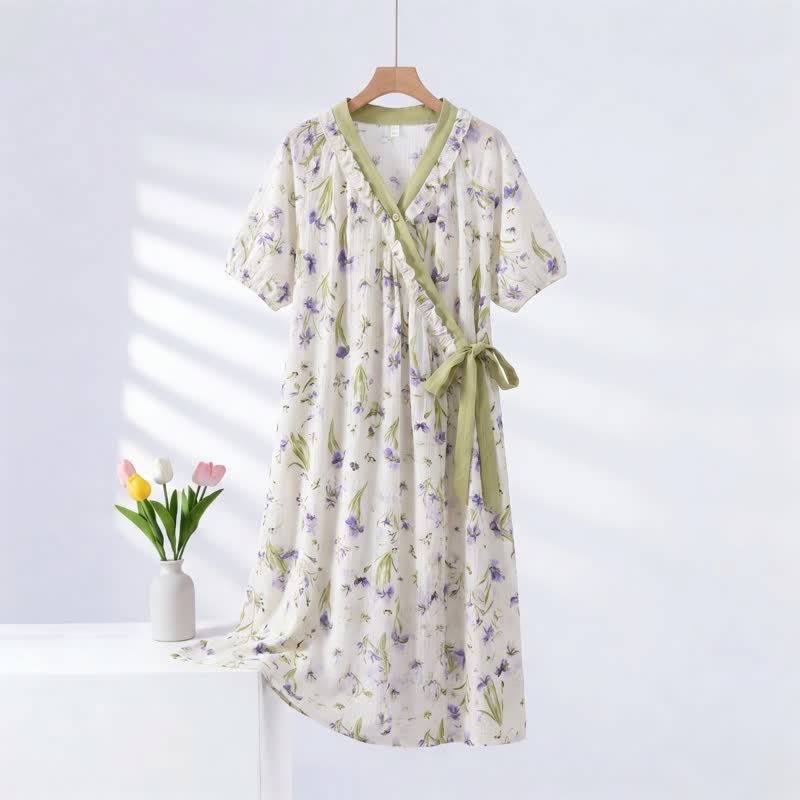 Purple Floral Ruffled Side-tie Nightgown
