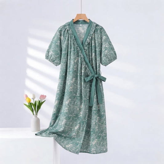 Vintage Green Ruffled Side-tie Nightgown