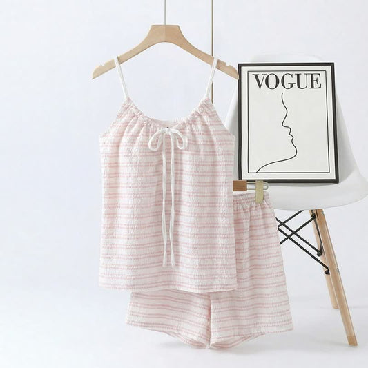 Bow Front Stripe Cami & Shorts Pajama Set 2XL Autumn Black Blue Bow Bra Free Camisole L Loungewear M newin260427 Nightie Padded Pajama Pink Set Shorts Sleepwear Sleeveless Spring Stripe Summer women XL XXL