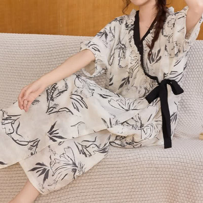 Artistic Pattern Ruffled Side-tie Nightgown