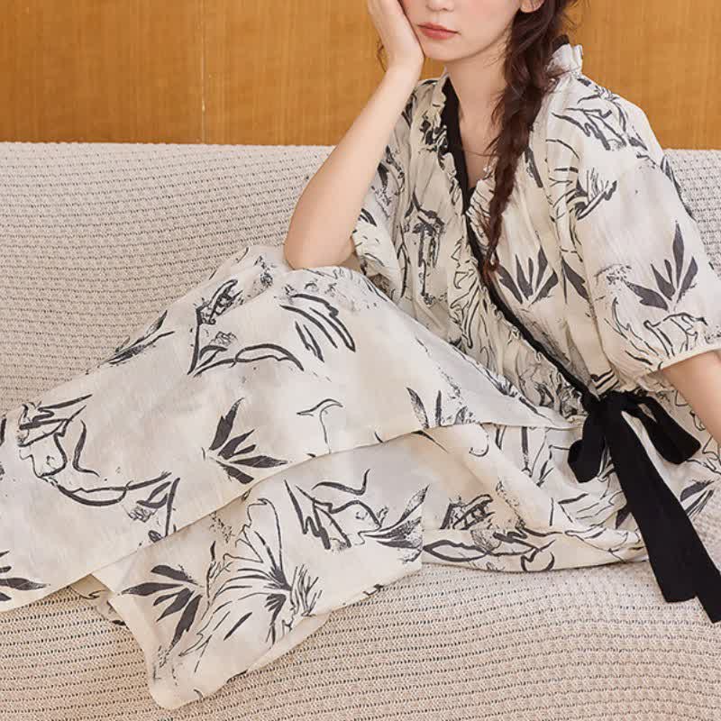 Artistic Pattern Ruffled Side-tie Nightgown