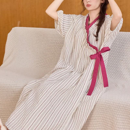 Polka Dot Striped Ruffled Side-tie Nightgown