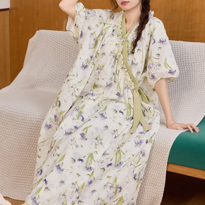 Purple Floral Ruffled Side-tie Nightgown