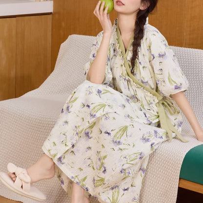 Purple Floral Ruffled Side-tie Nightgown