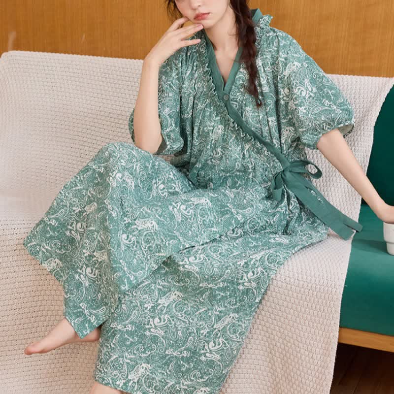 Vintage Green Ruffled Side-tie Nightgown