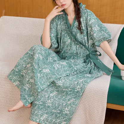 Vintage Green Ruffled Side-tie Nightgown