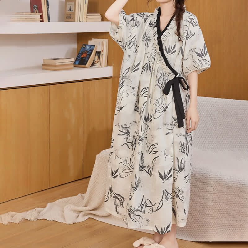 Artistic Pattern Ruffled Side-tie Nightgown