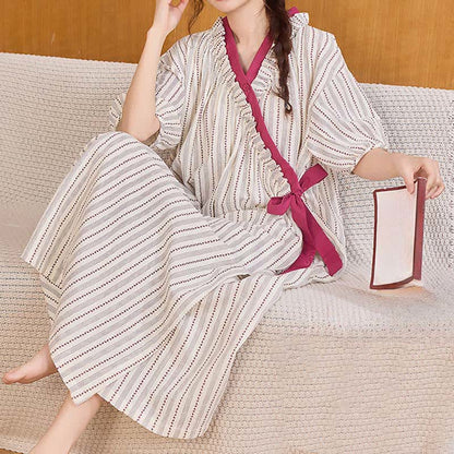 Polka Dot Striped Ruffled Side-tie Nightgown