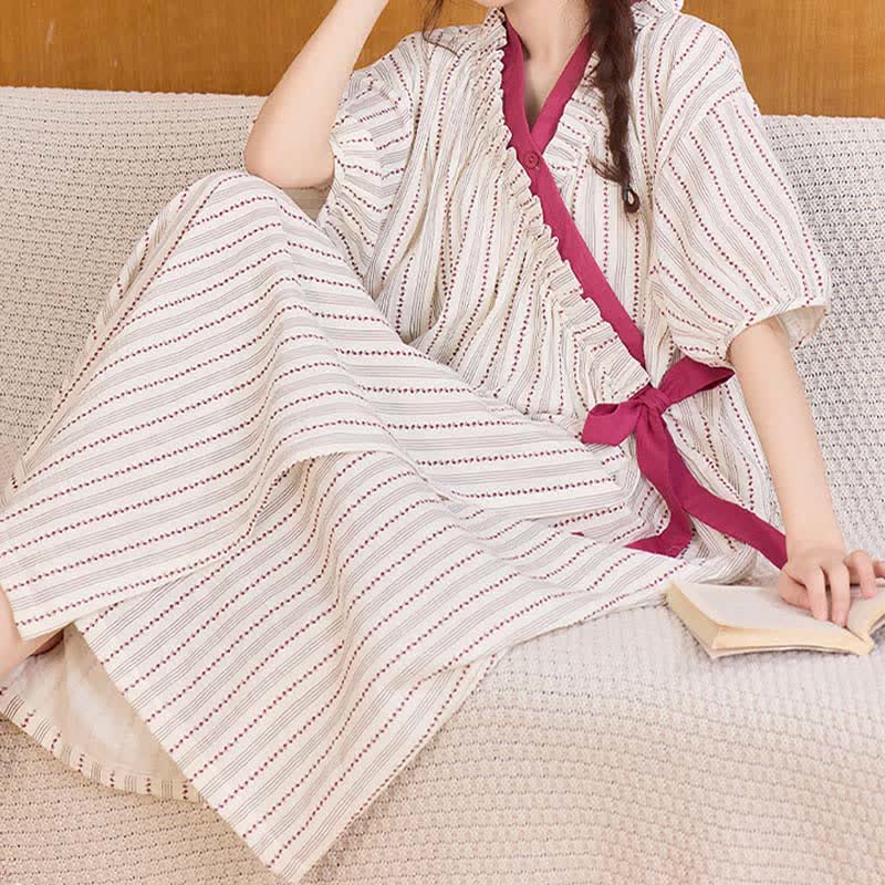 Polka Dot Striped Ruffled Side-tie Nightgown