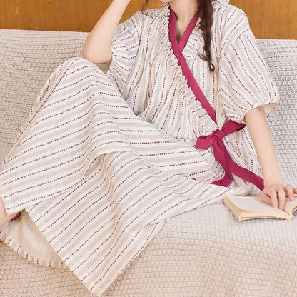 Polka Dot Striped Ruffled Side-tie Nightgown