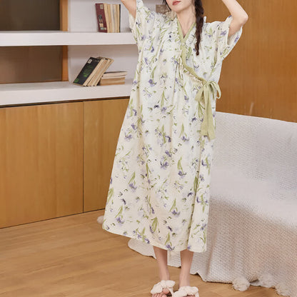 Purple Floral Ruffled Side-tie Nightgown