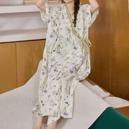 Purple Floral Ruffled Side-tie Nightgown