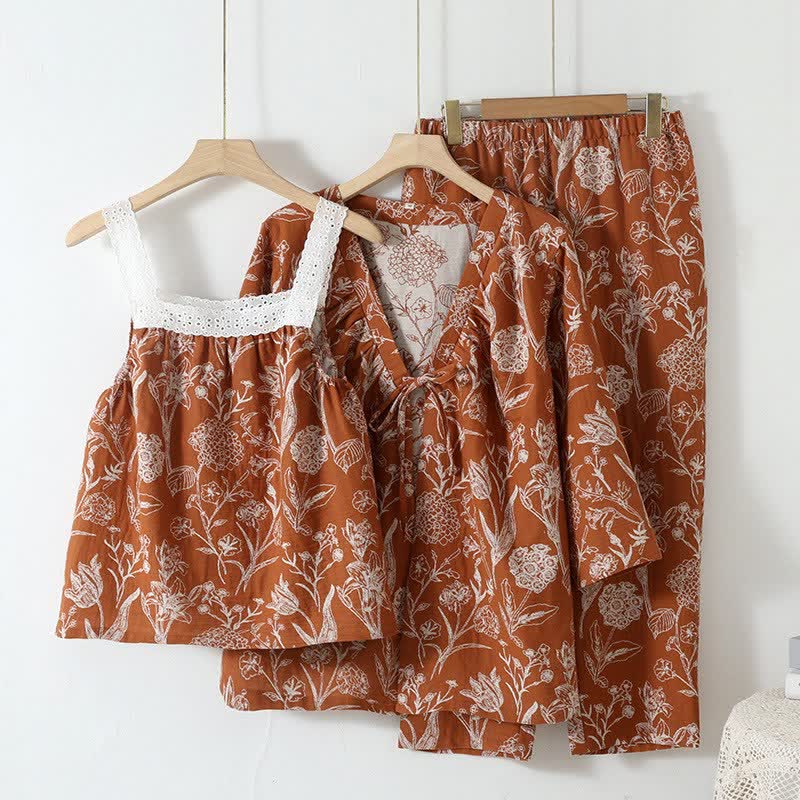 Floral Pure Cotton 3-Piece Pajama Set