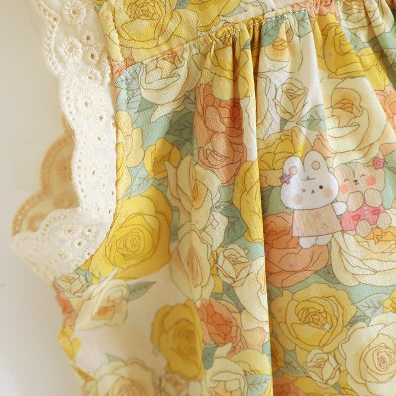 Yellow Floral Lace Trim Cotton Nightgown