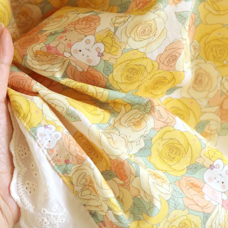 Yellow Floral Lace Trim Cotton Nightgown
