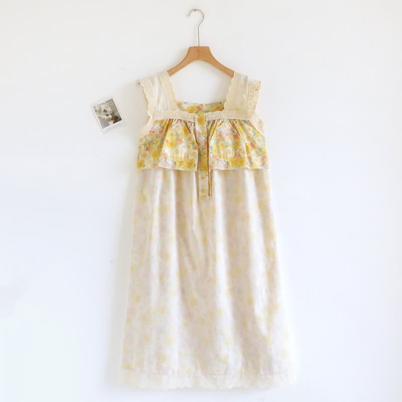 Yellow Floral Lace Trim Cotton Nightgown