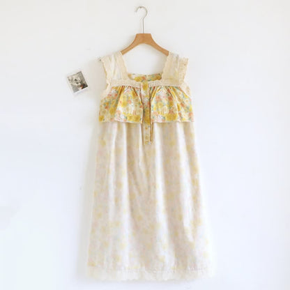 Yellow Floral Lace Trim Cotton Nightgown