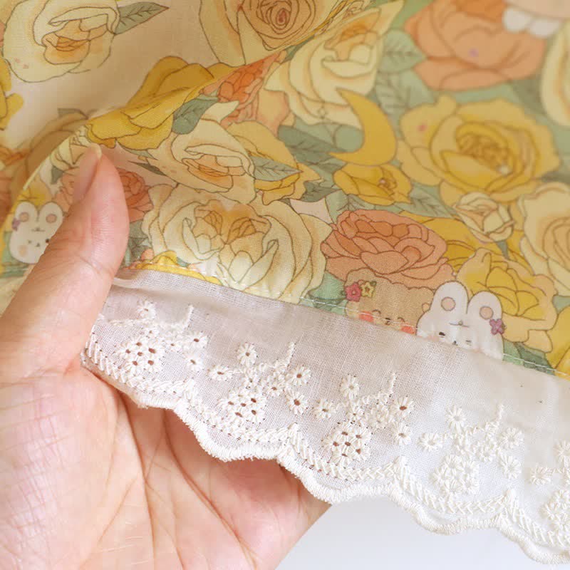 Yellow Floral Lace Trim Cotton Nightgown