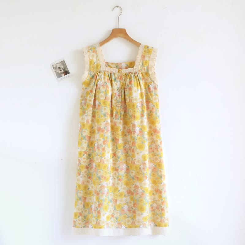 Yellow Floral Lace Trim Cotton Nightgown